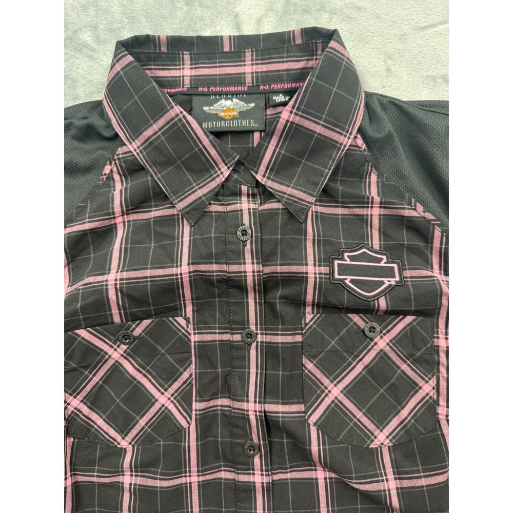 Harley Davidson Shirt women Performance Plaid Black Pink cancer support Small - Picture 6 of 11
